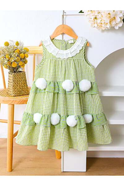 Take Two By Styli Girls Checked Sleeveless Pom Poms Detail Dress
