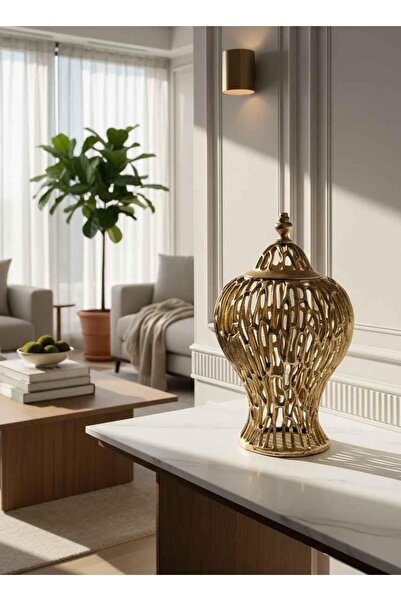 ROSSEV Kapaklı Vazo Antik Eskitme Altın Salon Aksesuarı
