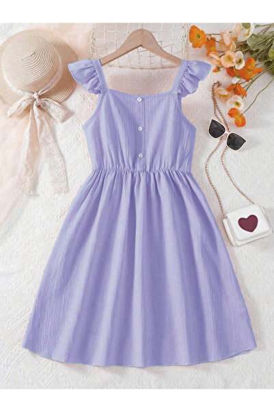 Take Two By Styli Girls Purple Ruffled Sleeve Buttoned Dress