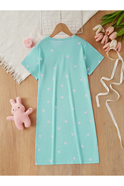 Take Two By Styli Girls Green Heart Print Short Sleeve Nightdress