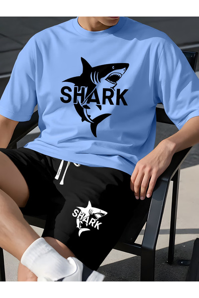 LAVİTTA Shark Printed T-Shirt Black Shorts Knitted Bottom Top Set