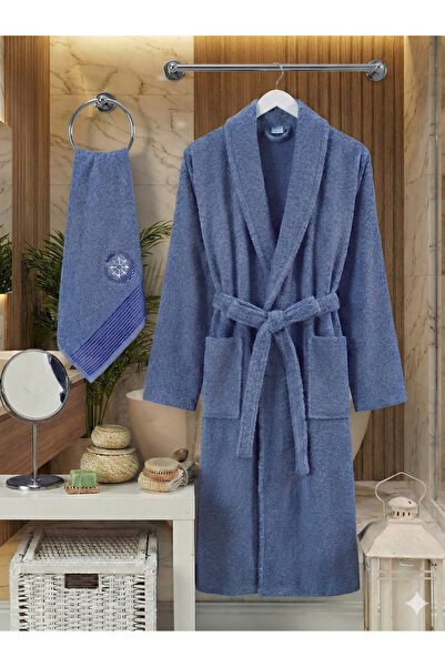 COTTONQUEEN طقم رداء حمام زينا باللون الأزرق الداكن للجنسين مكون من قطعتين