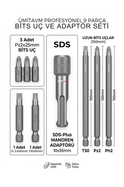 ÜMİTAVM 9 Parça Bits Uç Seti: SDS Adaptör, 150mm Uzun PH2 PZ2 T30 Vidalama Ucu