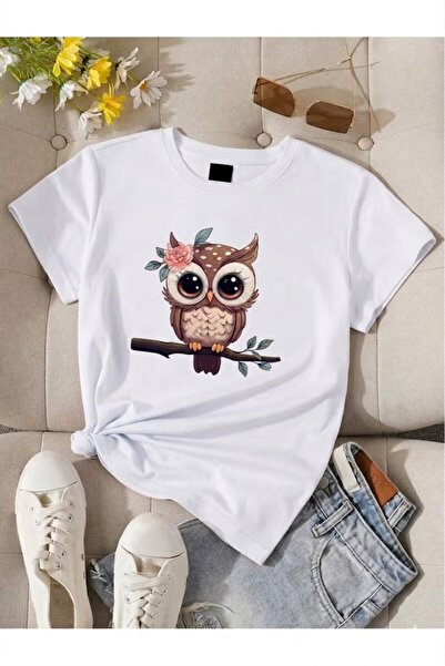 Joetsu sevimli Baykuş baskılı kadın tişört - Kadın yazlık baskılı T-shirt