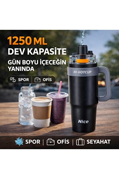 coofbe 42 Oz 6 Katman Paslanmaz Çelik Termos 1250ML Çift İçim Modlu Pipetli Termos Çift Katman Çelik