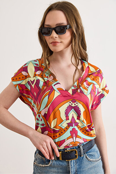 Olalook Bluză multicoloră cu decolteu în V cu model Yarasa lejer pentru femei...