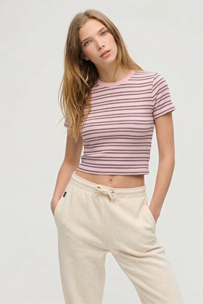 The Champ Clothing Tricou de damă cu dungi slim fit roz – guler rotund , cu m...