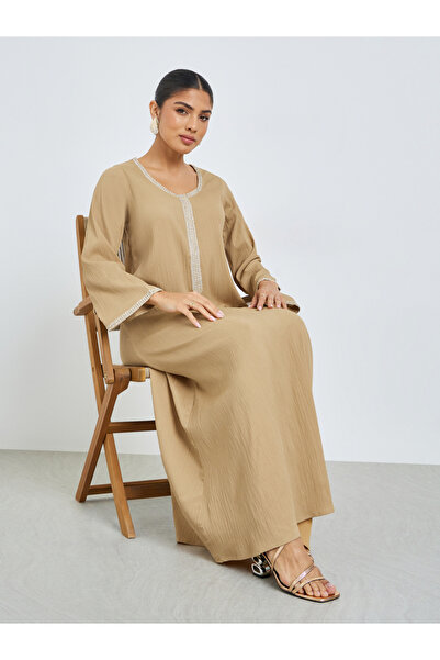 Amirah By Styli Beige Lace Panel Textured Jalabiya