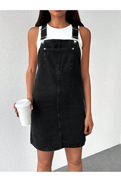sion jeans Siyah Kadın Diz Üstü Kanguru Cepli Salopet Kot Etek