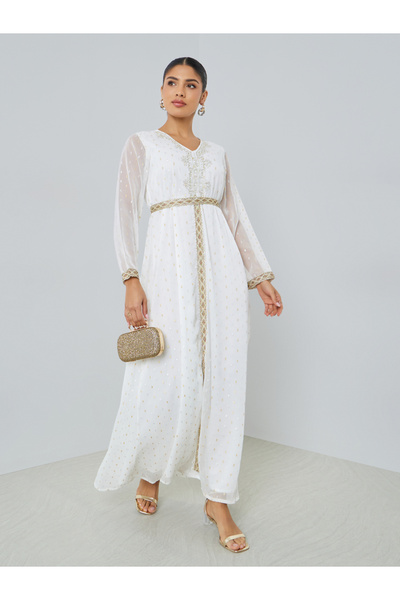 Amirah By Styli White Lurex V Neck Jalabiya with Lace Detail