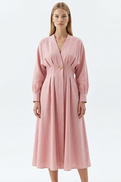 Exquise Uzun Kollu Bele Oturan V Yaka Slim Fit Keten Midi Elbise