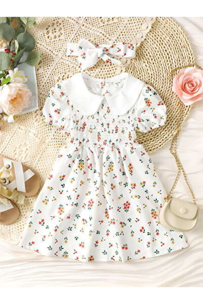 Take Two By Styli Girls Floral Print Puff Sleeve Smocked Dress