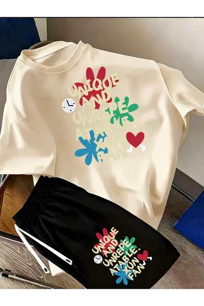 LAVİTTA Unique b Printed white t-shirt black shorts knitted top bottom set