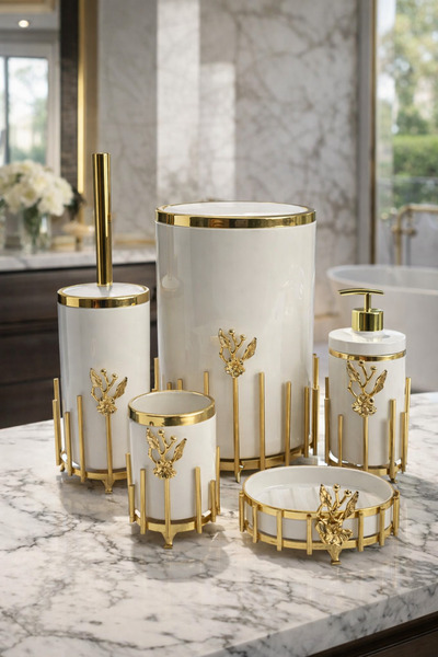 MAKRİ HOME Επιχρυσωμένο μεταλλικό σετ αξεσουάρ μπάνιου 5 τεμαχίων με Με μαρμά...