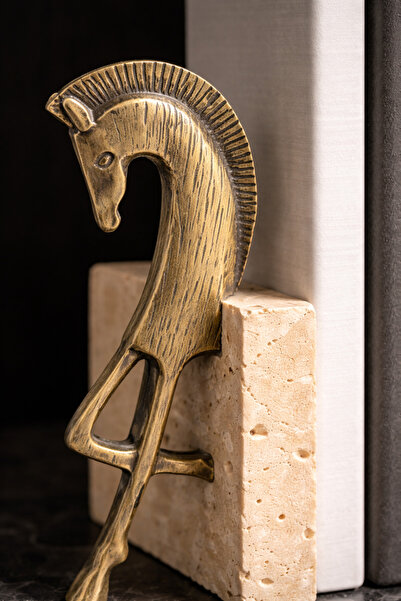 Vinner Troya Traverten At Figürlü Kitap Tutucu – Eskitme Dekoratif Bookend Se...