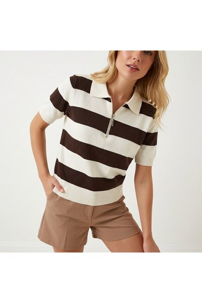 Noi Belis Striped Polo Collar Half Zipper Knitwear Blouse Ss26Bz0079