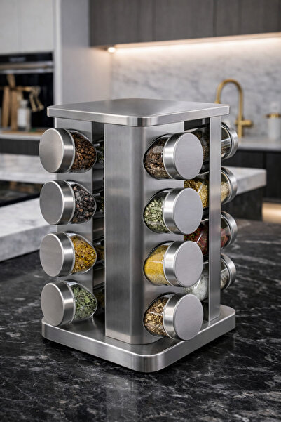 MAKRİ HOME 16-Piece Rotating Spice Rack Set with Chrome Square Stand, 118 ml ...