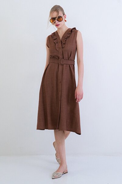 Trend Alaçatı Stili Women's brown buttoned front Ruffle Detail self Belt piec...