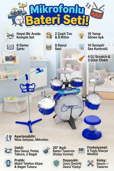 craftivio Mikrofonlu Işıklı Sesli Bateri Seti - Piyanolu Tabureli & Bagetli E...