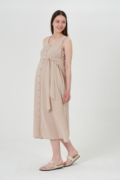 BUSA Rochie de maternitate cu mâneci zero cu nasturi în față cu curea lungime...