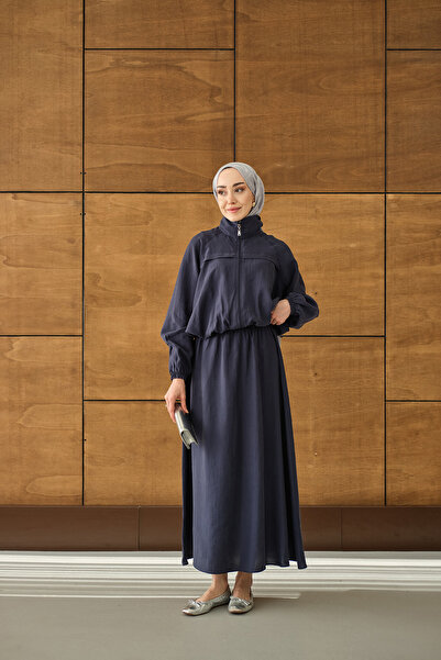 LOCCO Women's Shirt Collar Zippered Skirt Suit Navy Blue