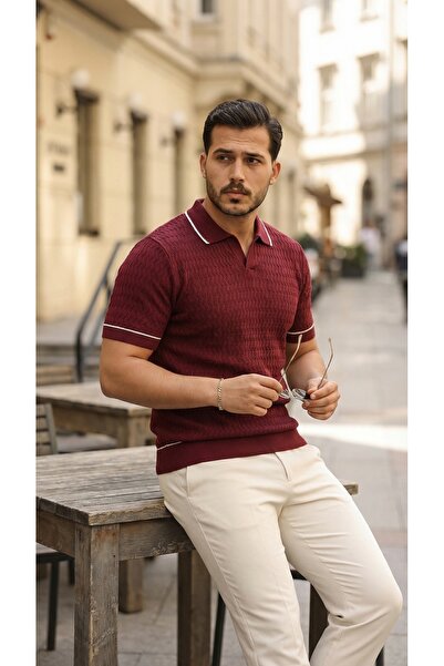 viyamen Ανδρικό πλεκτό μπλουζάκι με λαιμόκοψη πόλο με υφή ζιγκ-ζαγκ και κοντό...