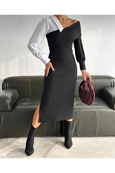 Stilera Women's One-Shoulder Shirt Detailed Slit Midi Length Stylish Dress