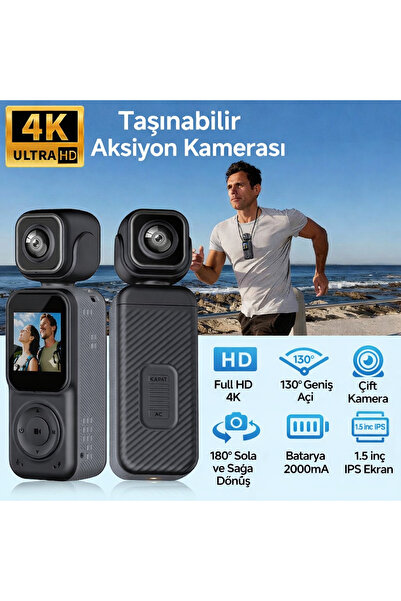 gaman 4K Lens Aksiyon Kamerası – 180° Döner Lens, WiFi, 130° Geniş Açı, Vlog ...