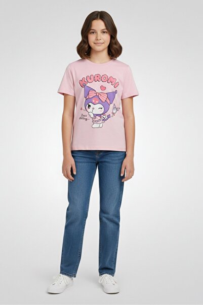 SANRIO Kuromi Kids Girl Graphic Print Short Sleeve T-Shirt, Pink