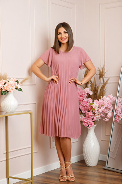 Generic Brand Rochie plisata Elisa cu maneci fluture - Roz pudrat