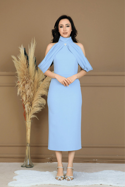 BEYBOS Rochie creion cu detaliu la umeri din țesătură Atlas - ALBASTRU BEBE