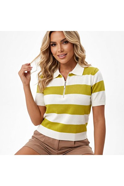 Noi Belis Striped Polo Collar Half Zipper Knitwear Blouse Ss26Bz0079