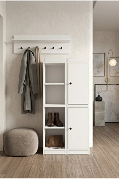 FOR WOMAN DESİGN Ahşap Portmanto 2 Kapaklı Raflı Modern Minimal Tasarım Antre...