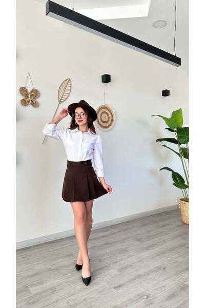 Maxi modena تنورة قصيرة بنية اللون بثنيات ذات خصر مرتفع - تنورة قصيرة على شكل...