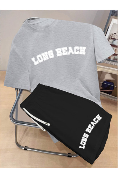 LAVİTTA Long Printed white t-shirt black shorts knitted top and bottom set