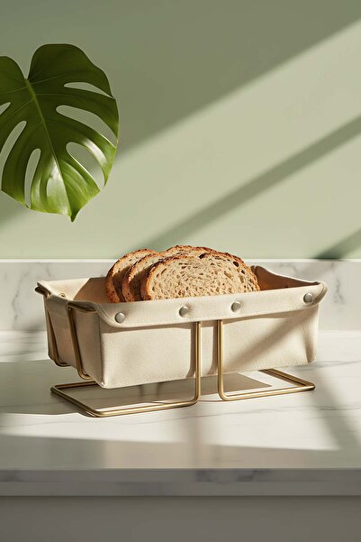 Rivaİstanbul Gold Rectangular Bread Basket & Removable Beige Canvas Fabric