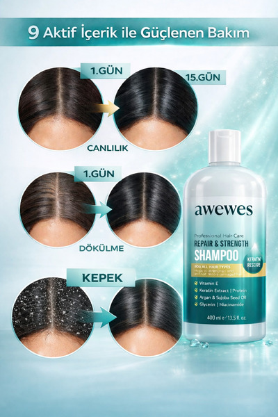 awewes Kepek Karşıtı Onarıcı Şampuan – Argan Yağı, Keratin, Vitamin B3 & Panthenol İçeren şampuan