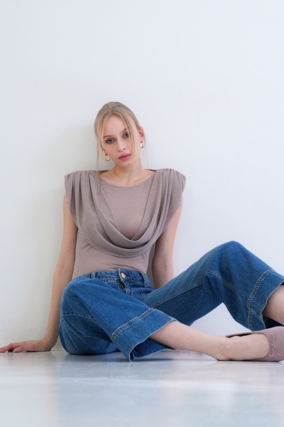 Trend Alaçatı Stili Bluză de damă Powder guler rotund cu umeri întăriți cu de...