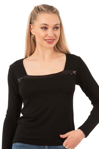 Kompedan Kadın Viskon Pul Nakışlı Uzun Kol Bluz | Özkan Siyah 7429