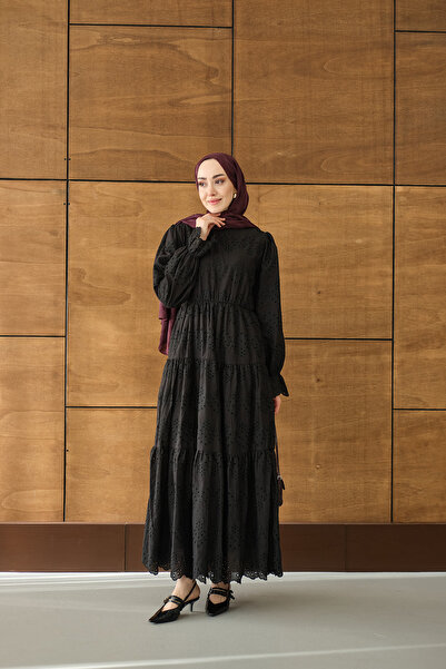 LOCCO Kadın Beli Lastikli Brode Detay Elbise Siyah