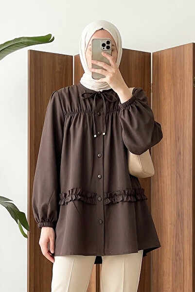MODAQU Ruffle Detail Buttoned Poplin Tunic - Dark Brown