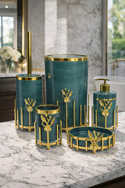 MAKRİ HOME 5-Piece Bathroom Accessory Set with Gold Plated Metal Stand, Marbl...
