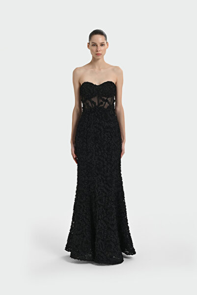 cercis Straplez Üç Boyut Çiçekli Abiye Elbise