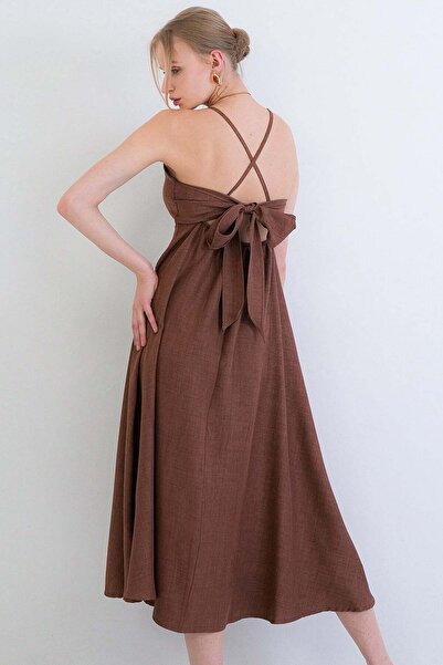 Trend Alaçatı Stili Γυναικείο φόρεμα με καφέ κορδόνια και λουράκια στην πλάτη...