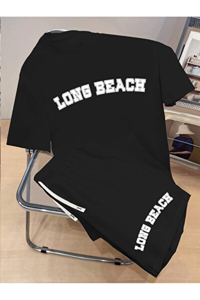 LAVİTTA Long Printed white t-shirt black shorts knitted top and bottom set