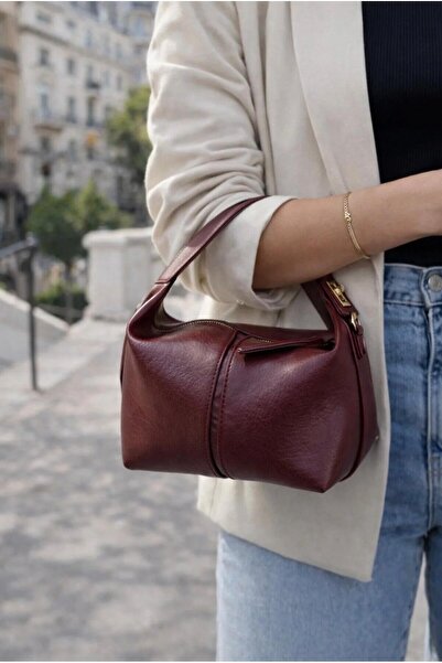 RumyaCollection Women's Mini Lock Detailed Hand and Shoulder Bag Bag Claret Red