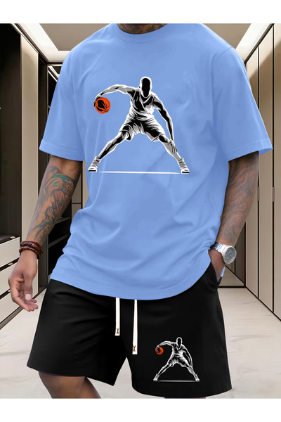 LAVİTTA Basketball Printed white t-shirt black shorts knitted top and bottom set