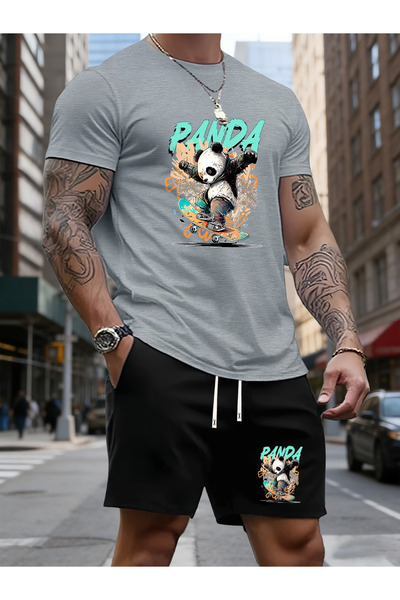 LAVİTTA Panda Printed white t-shirt black shorts knitted top bottom set