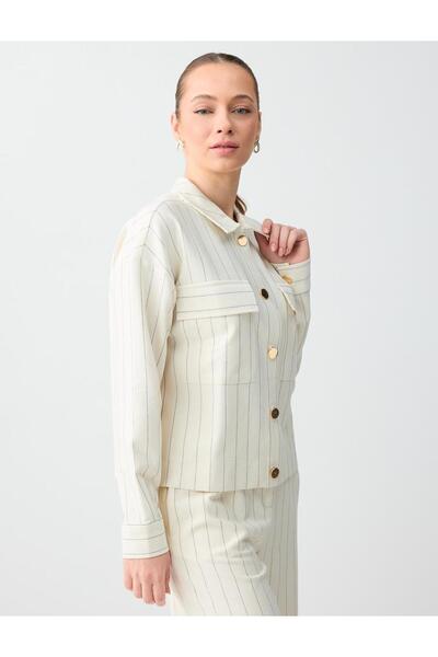 Jimmy Key Ecru Stripe Patterned Knitted Jacket with Shiny Button Detail