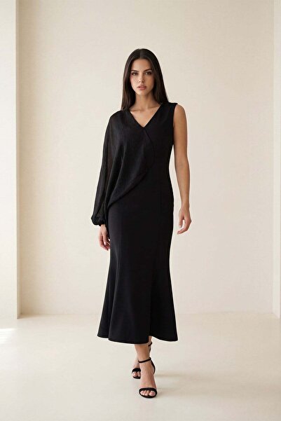 Setre Siyah V Yaka Tek Omuz Asimetrik Kumaş Detaylı Elbise